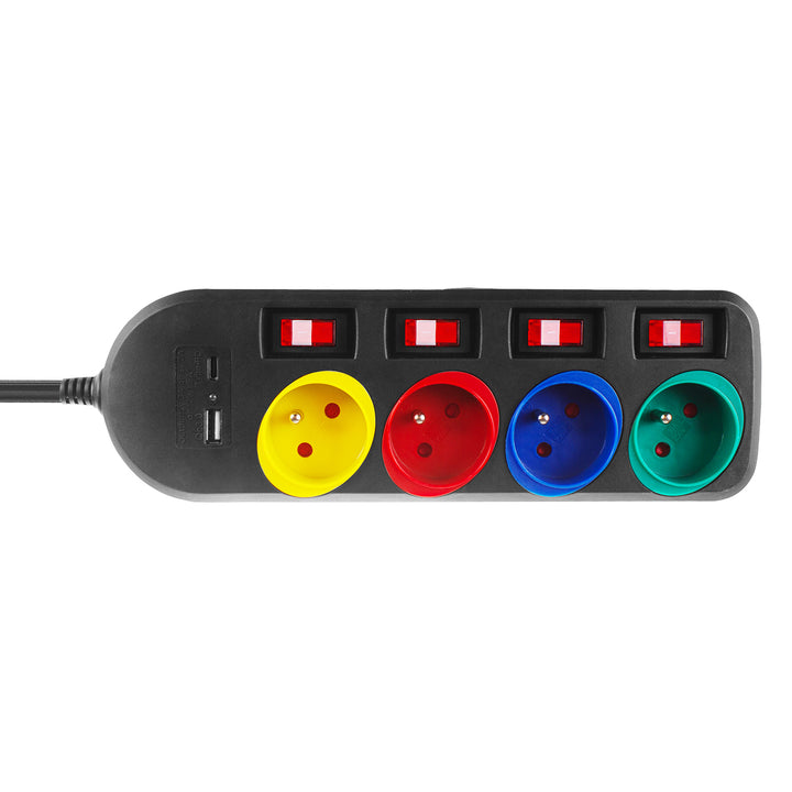 Napájacia lišta Maclean, predlžovací kábel so 4 zásuvkami + USB A/C, s prepínačmi, 250 VAC/10A, 1,5 m, čierna, MCE508 B