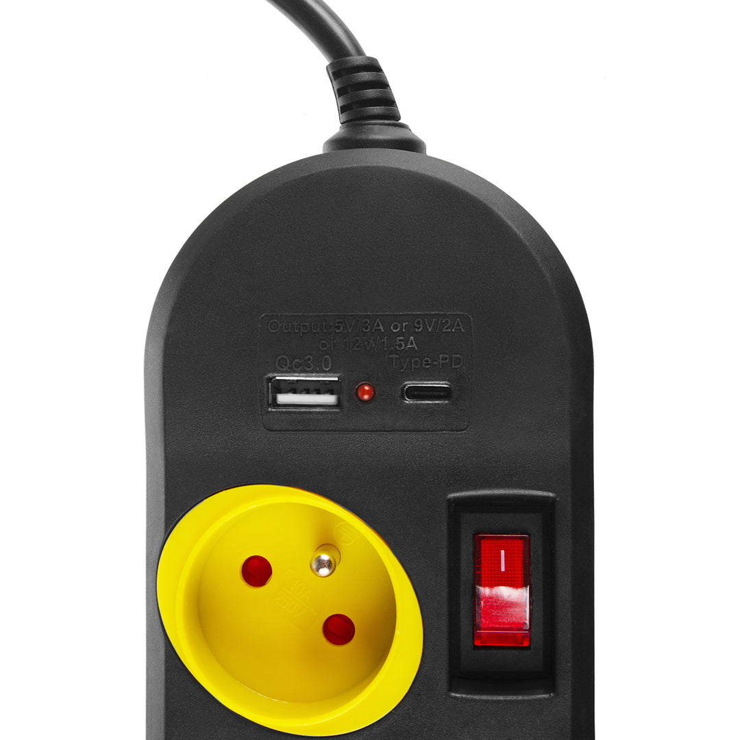 Napájacia lišta Maclean, predlžovací kábel so 4 zásuvkami + USB A/C, s prepínačmi, 250 VAC/10A, 1,5 m, čierna, MCE508 B