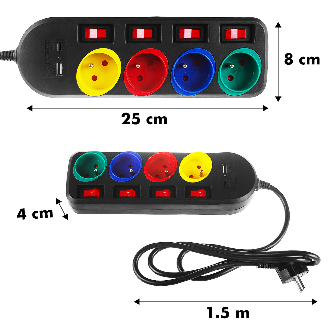 Napájacia lišta Maclean, predlžovací kábel so 4 zásuvkami + USB A/C, s prepínačmi, 250 VAC/10A, 1,5 m, čierna, MCE508 B