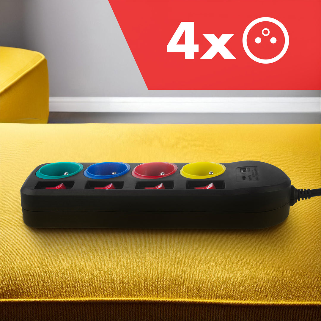 Napájacia lišta Maclean, predlžovací kábel so 4 zásuvkami + USB A/C, s prepínačmi, 250 VAC/10A, 1,5 m, čierna, MCE508 B