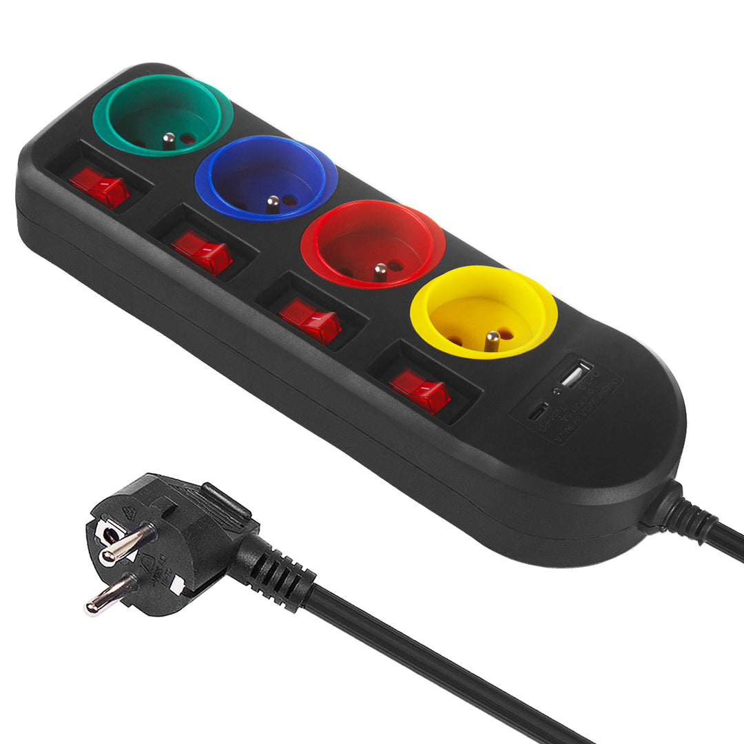Napájacia lišta Maclean, predlžovací kábel so 4 zásuvkami + USB A/C, s prepínačmi, 250 VAC/10A, 1,5 m, čierna, MCE508 B