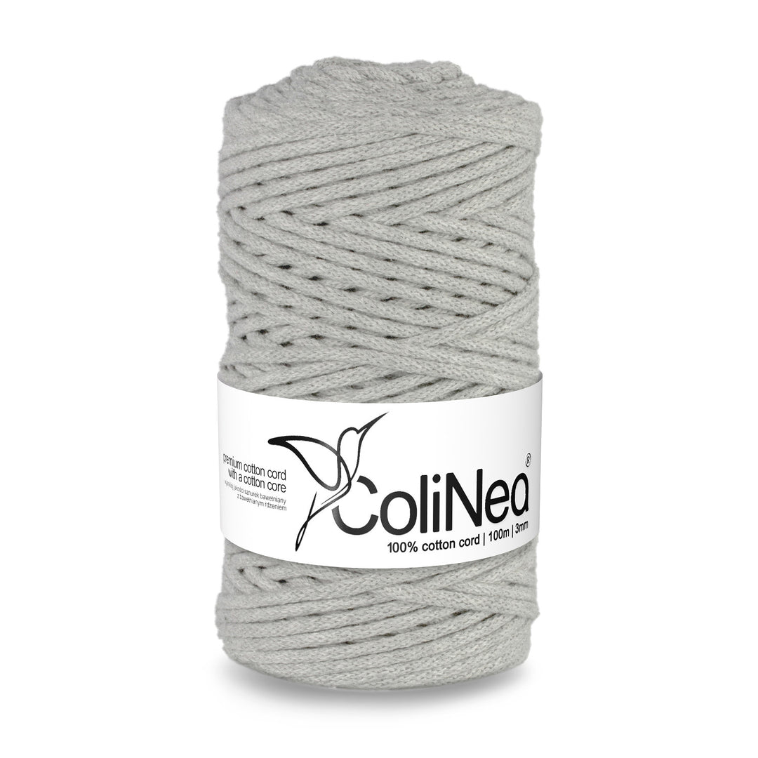 ColiNea, bavlnená šnúra s bavlneným jadrom, opletená, 3 mm, 100 m, svetlosivá