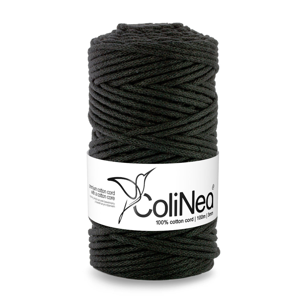 ColiNea, bavlnená šnúra s bavlneným jadrom, opletená, 3 mm, 100 m, čierna