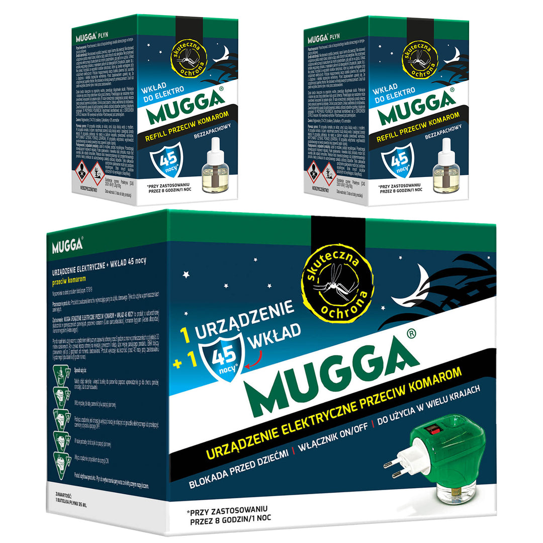 Elektrické zariadenie s náplňou Mugga 45 night mosquito 35ml + 2x Mugga 45 night mosquito liquid refill 35ml