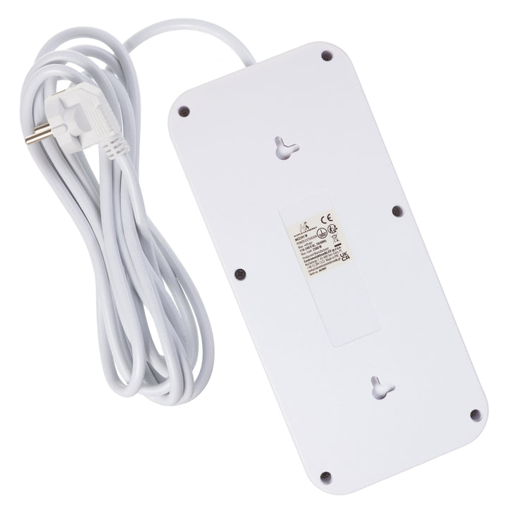 Napájacia lišta Maclean, predlžovací kábel so 6 zásuvkami + 4xUSB, 110-240 V AC 50/60 Hz, 2,1 A max. 2500 W, 3 m, biela, MCE391 W