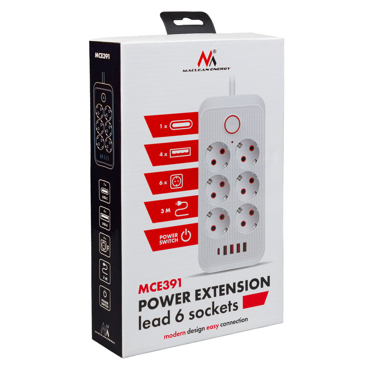 Napájacia lišta Maclean, predlžovací kábel so 6 zásuvkami + 4xUSB, 110-240 V AC 50/60 Hz, 2,1 A max. 2500 W, 3 m, biela, MCE391 W