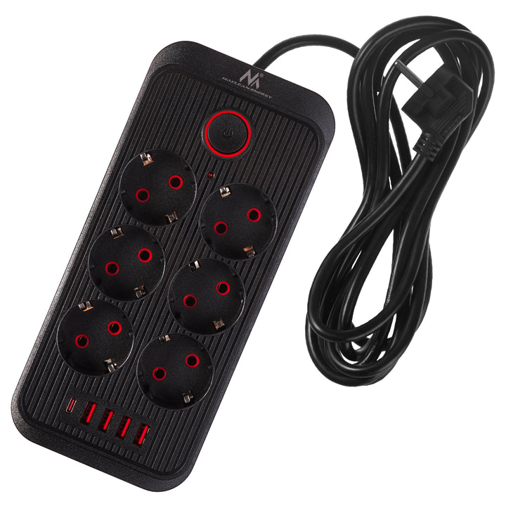 Napájacia lišta Maclean, predlžovací kábel so 6 zásuvkami + 4xUSB, 110-240 V AC 50/60 Hz, 2,1 A max. 2500 W, 3 m, čierna, MCE391 B