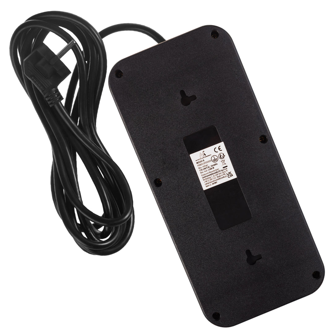 Napájacia lišta Maclean, predlžovací kábel so 6 zásuvkami + 4xUSB, 110-240 V AC 50/60 Hz, 2,1 A max. 2500 W, 3 m, čierna, MCE391 B