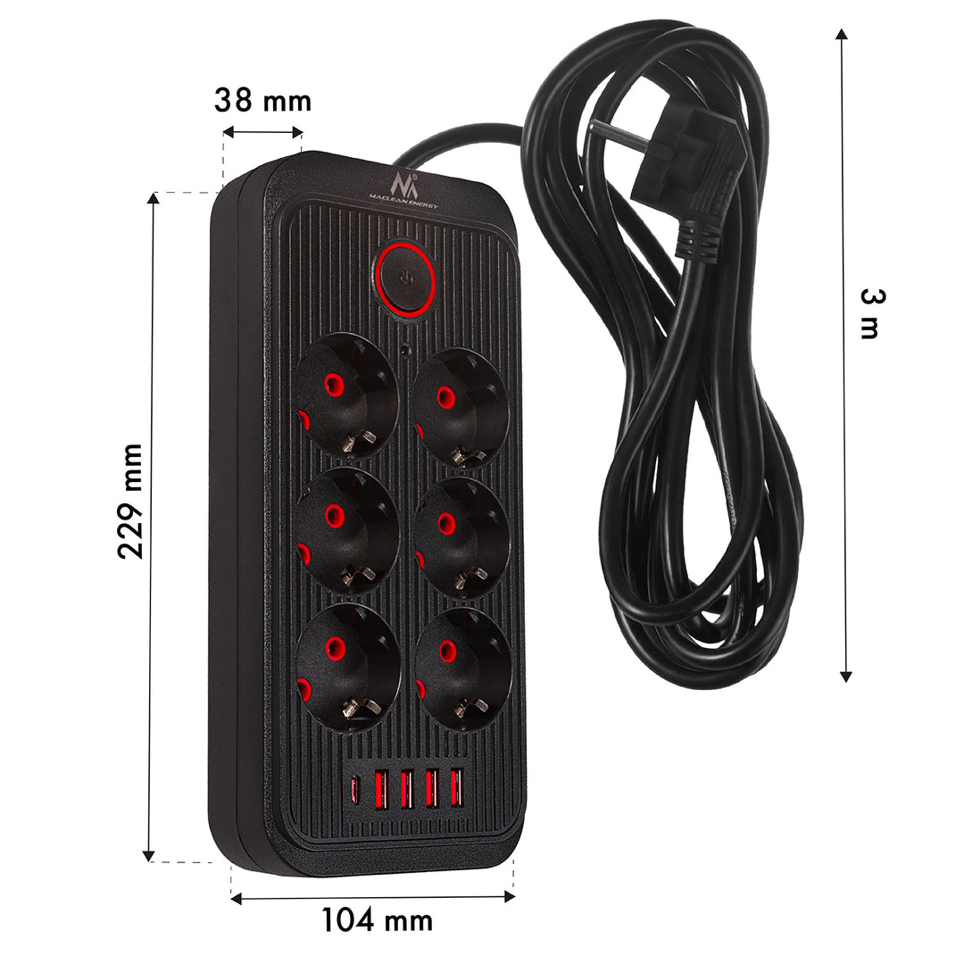 Napájacia lišta Maclean, predlžovací kábel so 6 zásuvkami + 4xUSB, 110-240 V AC 50/60 Hz, 2,1 A max. 2500 W, 3 m, čierna, MCE391 B