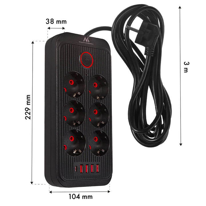 Napájacia lišta Maclean, predlžovací kábel so 6 zásuvkami + 4xUSB, 110-240 V AC 50/60 Hz, 2,1 A max. 2500 W, 3 m, čierna, MCE391 B