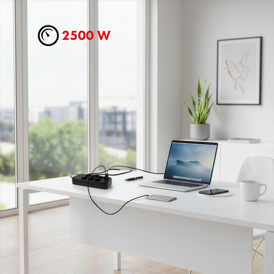 Napájacia lišta Maclean, predlžovací kábel so 6 zásuvkami + 4xUSB, 110-240 V AC 50/60 Hz, 2,1 A max. 2500 W, 3 m, čierna, MCE391 B
