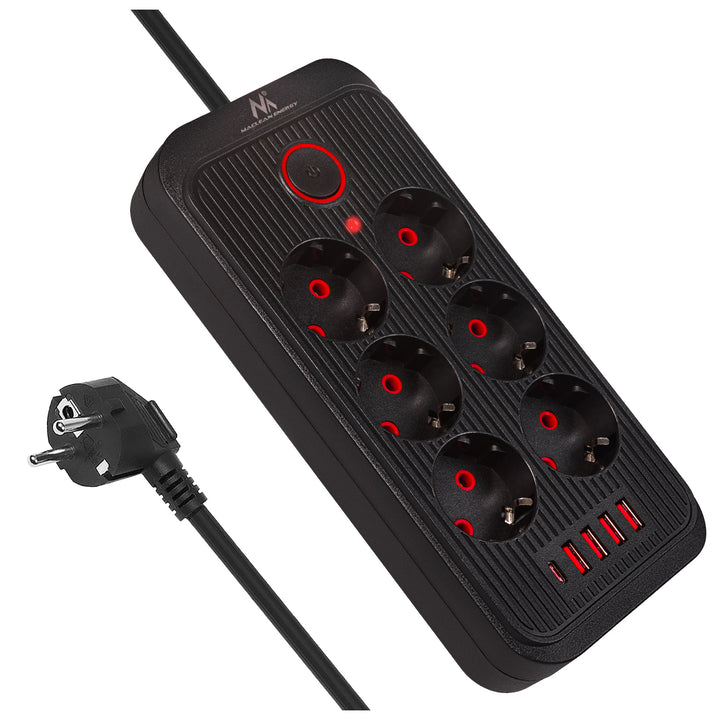 Napájacia lišta Maclean, predlžovací kábel so 6 zásuvkami + 4xUSB, 110-240 V AC 50/60 Hz, 2,1 A max. 2500 W, 3 m, čierna, MCE391 B