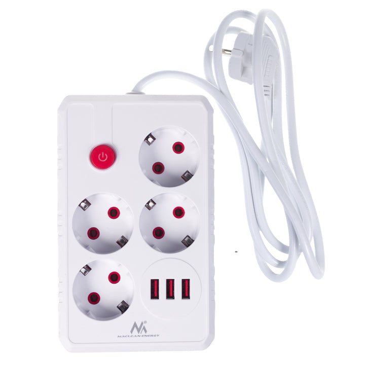 Napájacia lišta Maclean, predlžovací kábel so 4 zásuvkami + 3xUSB, 110-240 V AC 50/60 Hz, 2,1 A max. 2500 W, 1,5 m, biela, MCE392 W