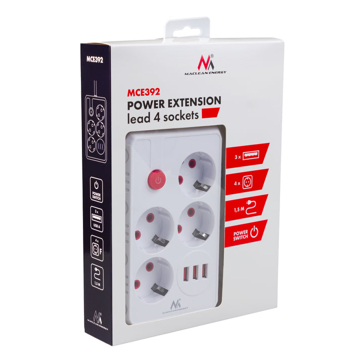Napájacia lišta Maclean, predlžovací kábel so 4 zásuvkami + 3xUSB, 110-240 V AC 50/60 Hz, 2,1 A max. 2500 W, 1,5 m, biela, MCE392 W