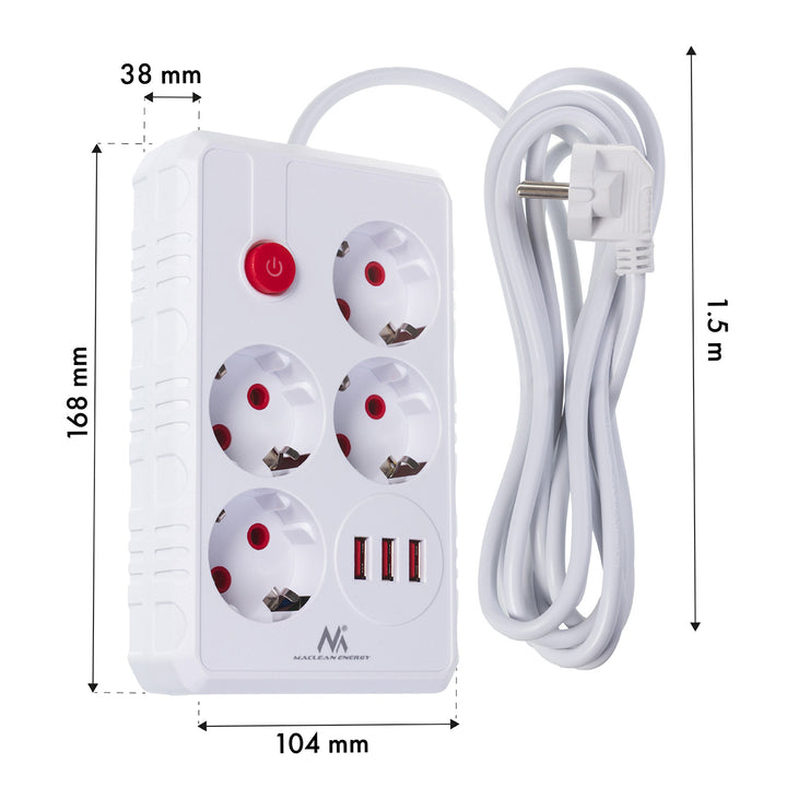Napájacia lišta Maclean, predlžovací kábel so 4 zásuvkami + 3xUSB, 110-240 V AC 50/60 Hz, 2,1 A max. 2500 W, 1,5 m, biela, MCE392 W
