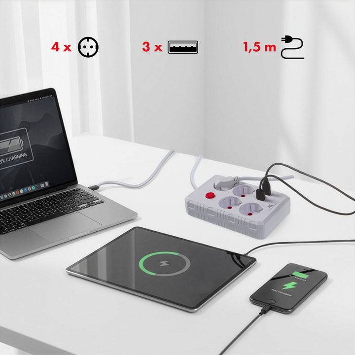 Napájacia lišta Maclean, predlžovací kábel so 4 zásuvkami + 3xUSB, 110-240 V AC 50/60 Hz, 2,1 A max. 2500 W, 1,5 m, biela, MCE392 W