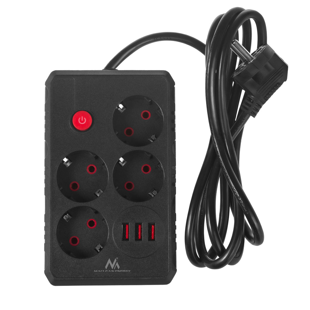 Napájacia lišta Maclean, predlžovací kábel so 4 zásuvkami + 3xUSB, 110-240 V AC 50/60 Hz, 2,1 A max. 2500 W, 1,5 m, čierna, MCE392 B