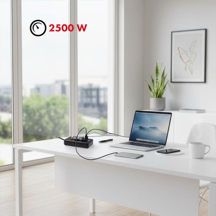Napájacia lišta Maclean, predlžovací kábel so 4 zásuvkami + 3xUSB, 110-240 V AC 50/60 Hz, 2,1 A max. 2500 W, 1,5 m, čierna, MCE392 B