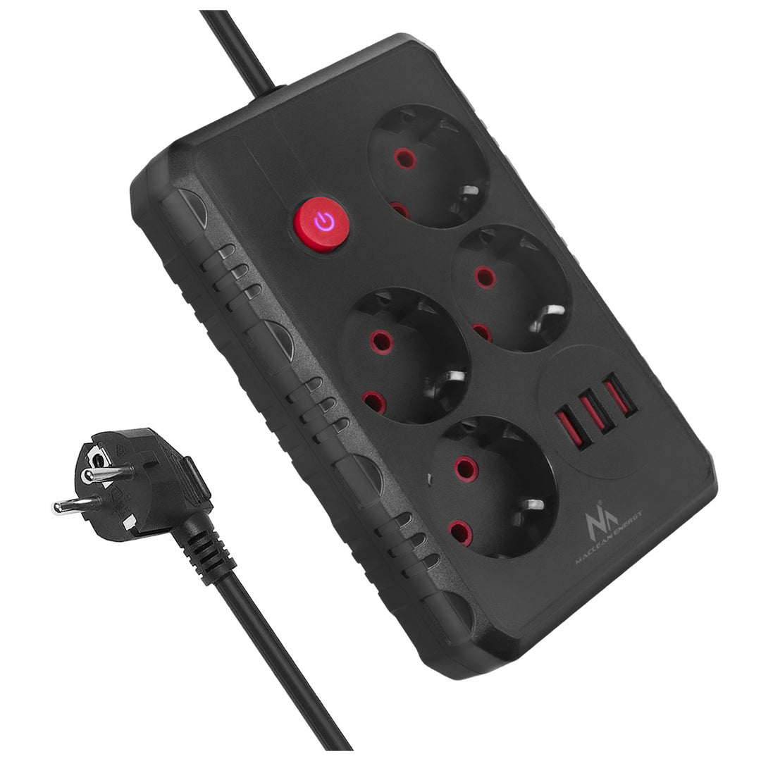 Napájacia lišta Maclean, predlžovací kábel so 4 zásuvkami + 3xUSB, 110-240 V AC 50/60 Hz, 2,1 A max. 2500 W, 1,5 m, čierna, MCE392 B