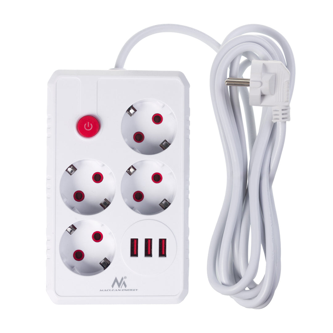 Napájacia lišta Maclean, predlžovací kábel so 4 zásuvkami + 3xUSB, 110-240 V AC 50/60 Hz, 2,1 A max. 2500 W, 3 m, biela, MCE393 W