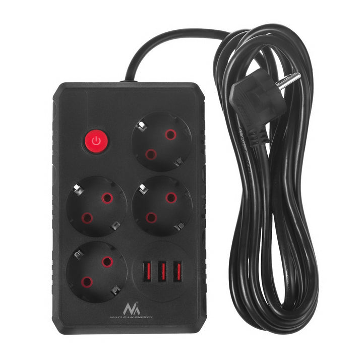 Napájacia lišta Maclean, predlžovací kábel so 4 zásuvkami + 3xUSB, 110-240 V AC 50/60 Hz, 2,1 A max. 2500 W, 3 m, čierna, MCE393 B