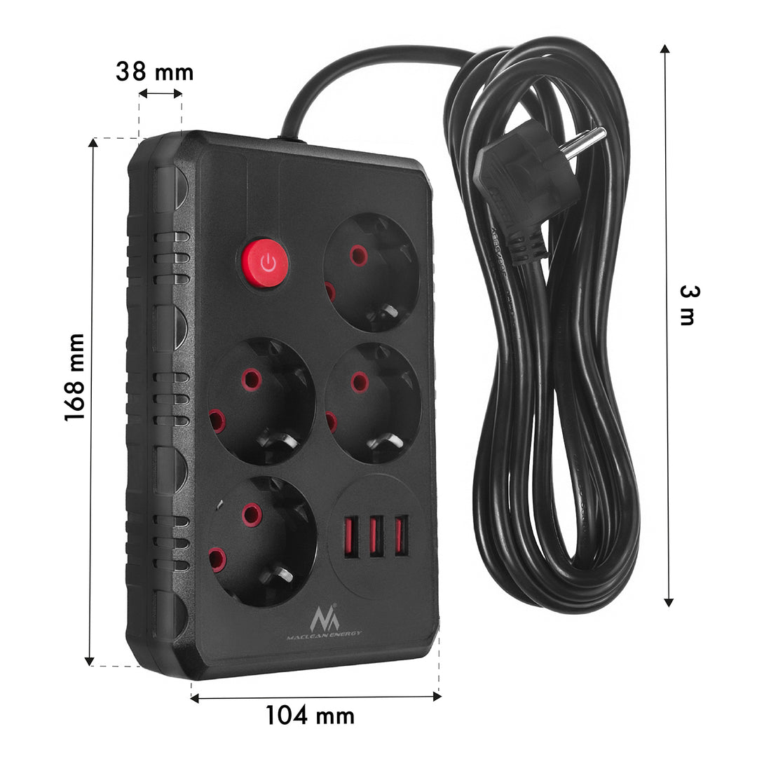 Napájacia lišta Maclean, predlžovací kábel so 4 zásuvkami + 3xUSB, 110-240 V AC 50/60 Hz, 2,1 A max. 2500 W, 3 m, čierna, MCE393 B