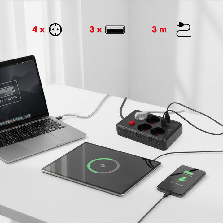 Napájacia lišta Maclean, predlžovací kábel so 4 zásuvkami + 3xUSB, 110-240 V AC 50/60 Hz, 2,1 A max. 2500 W, 3 m, čierna, MCE393 B