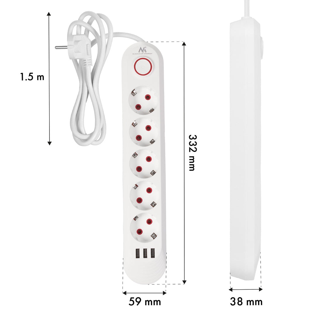 Napájacia lišta Maclean, predlžovací kábel s 5 zásuvkami + 3xUSB, 110-240 V AC 50/60 Hz, 2,1 A max. 2500 W, 1,5 m, biela, MCE395 W
