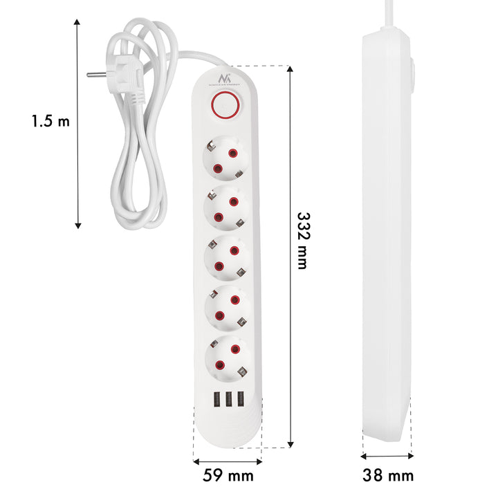 Napájacia lišta Maclean, predlžovací kábel s 5 zásuvkami + 3xUSB, 110-240 V AC 50/60 Hz, 2,1 A max. 2500 W, 1,5 m, biela, MCE395 W