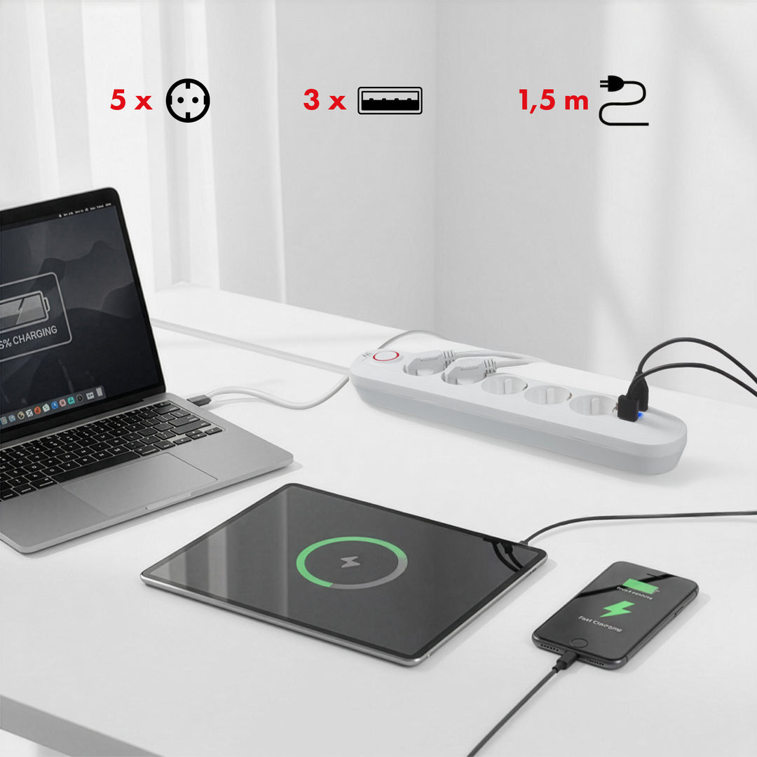Napájacia lišta Maclean, predlžovací kábel s 5 zásuvkami + 3xUSB, 110-240 V AC 50/60 Hz, 2,1 A max. 2500 W, 1,5 m, biela, MCE395 W
