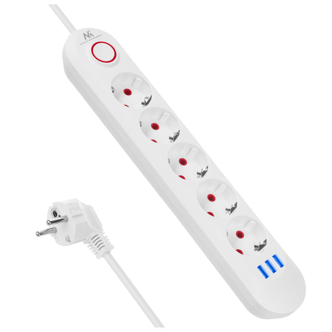 Napájacia lišta Maclean, predlžovací kábel s 5 zásuvkami + 3xUSB, 110-240 V AC 50/60 Hz, 2,1 A max. 2500 W, 1,5 m, biela, MCE395 W