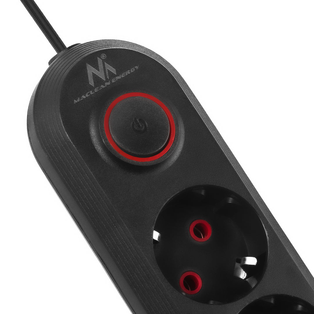 Napájacia lišta Maclean, predlžovací kábel s 5 zásuvkami + 3xUSB, 110-240 V AC 50/60 Hz, 2,1 A max. 2500 W, 1,5 m, čierna, MCE395 B