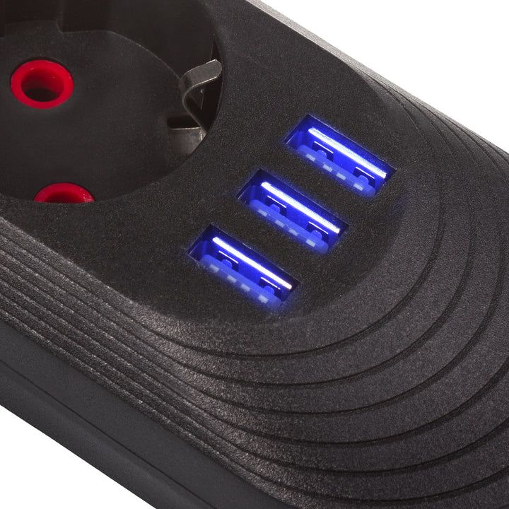 Napájacia lišta Maclean, predlžovací kábel s 5 zásuvkami + 3xUSB, 110-240 V AC 50/60 Hz, 2,1 A max. 2500 W, 1,5 m, čierna, MCE395 B