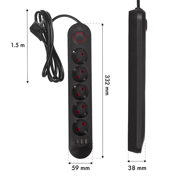 Napájacia lišta Maclean, predlžovací kábel s 5 zásuvkami + 3xUSB, 110-240 V AC 50/60 Hz, 2,1 A max. 2500 W, 1,5 m, čierna, MCE395 B