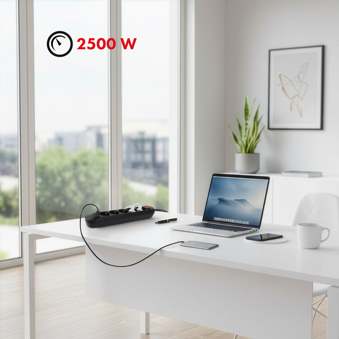 Napájacia lišta Maclean, predlžovací kábel s 5 zásuvkami + 3xUSB, 110-240 V AC 50/60 Hz, 2,1 A max. 2500 W, 1,5 m, čierna, MCE395 B