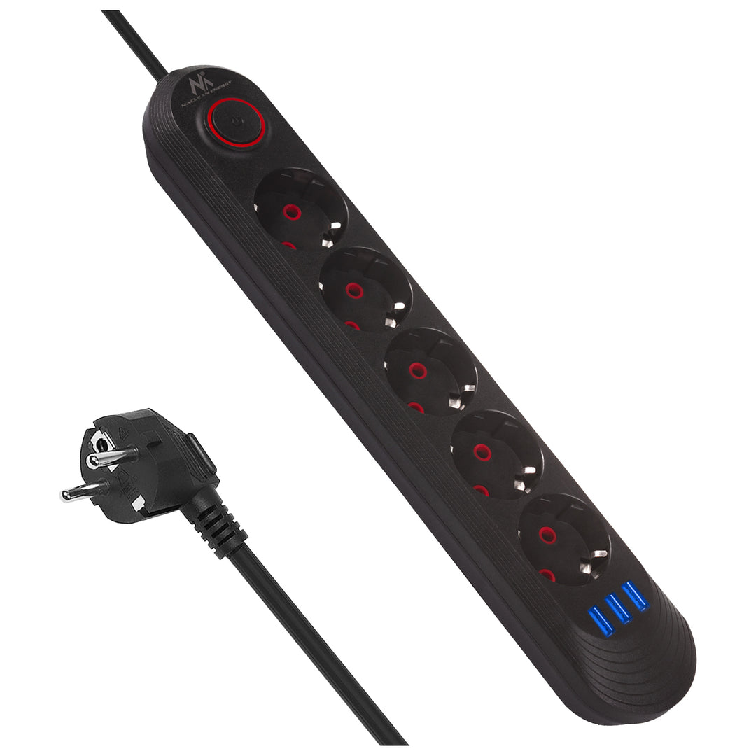 Napájacia lišta Maclean, predlžovací kábel s 5 zásuvkami + 3xUSB, 110-240 V AC 50/60 Hz, 2,1 A max. 2500 W, 1,5 m, čierna, MCE395 B