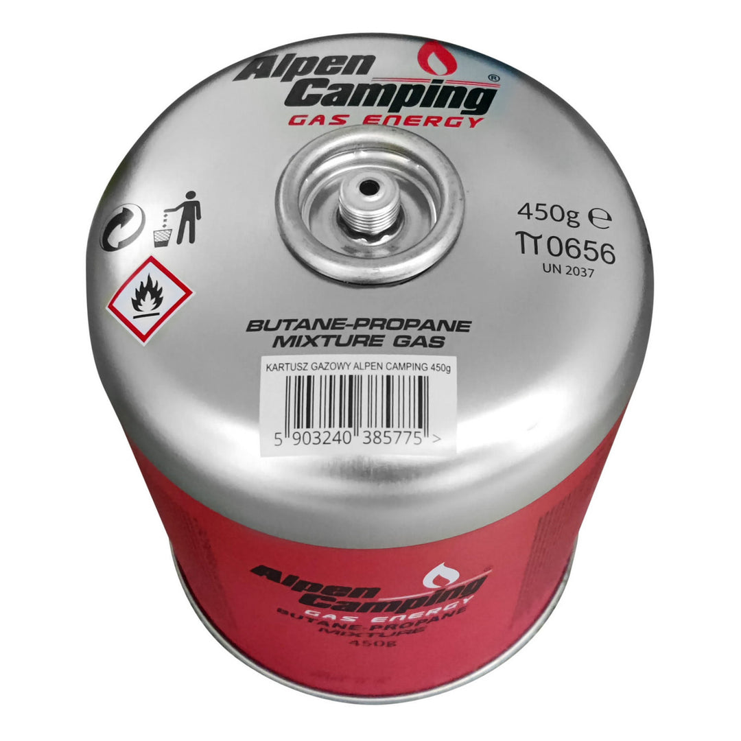 Plynová kartuša 450g Alpen Camping. Certifikát: Rozsah -10°c až + 40°c, závitový ventil 7/16" IK020