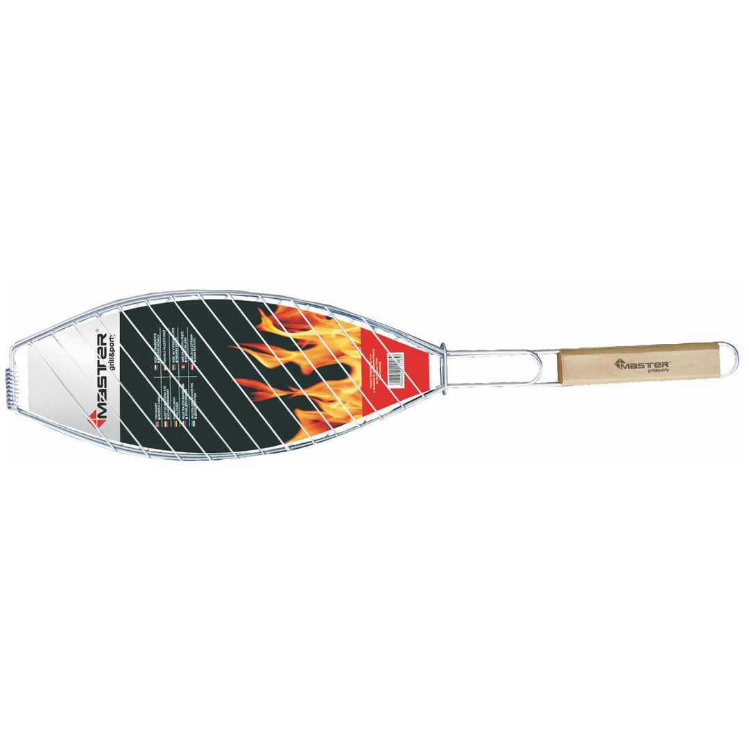 Rošt na pečenie rýb Master Grill & Party, pochrómovaná oceľ, drevená rukoväť, 68 cm, MG148A