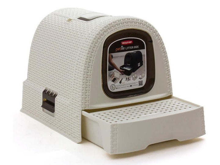 Curver 198849 Box na podstielku pre mačky Toaleta s kapucňou Curver Pets - béžová - s rukoväťou Zásuvka na podstielku Stabilný XXL ratanový štýl