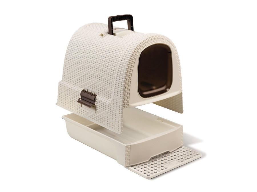 Curver 198849 Box na podstielku pre mačky Toaleta s kapucňou Curver Pets - béžová - s rukoväťou Zásuvka na podstielku Stabilný XXL ratanový štýl