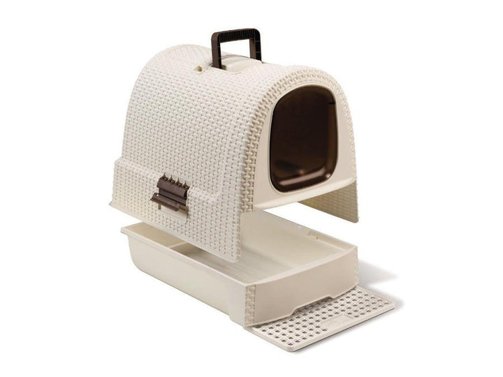 Curver 198849 Box na podstielku pre mačky Toaleta s kapucňou Curver Pets - béžová - s rukoväťou Zásuvka na podstielku Stabilný XXL ratanový štýl