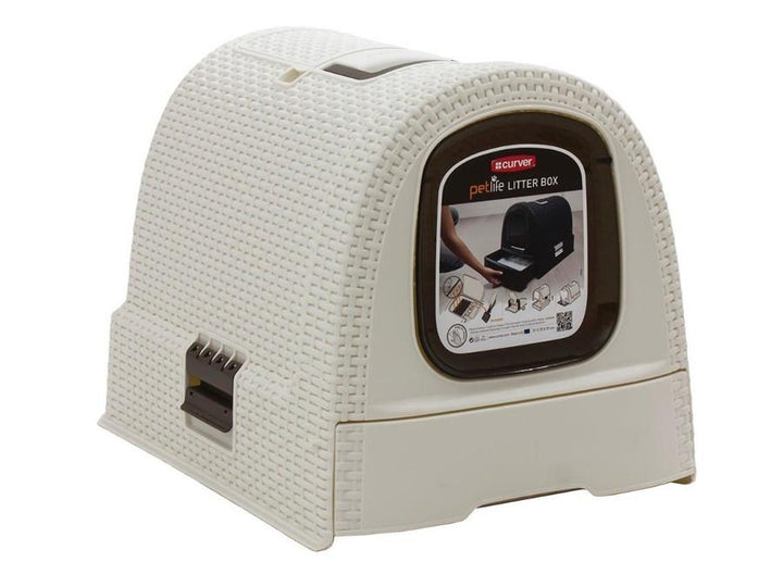 Curver 198849 Box na podstielku pre mačky Toaleta s kapucňou Curver Pets - béžová - s rukoväťou Zásuvka na podstielku Stabilný XXL ratanový štýl