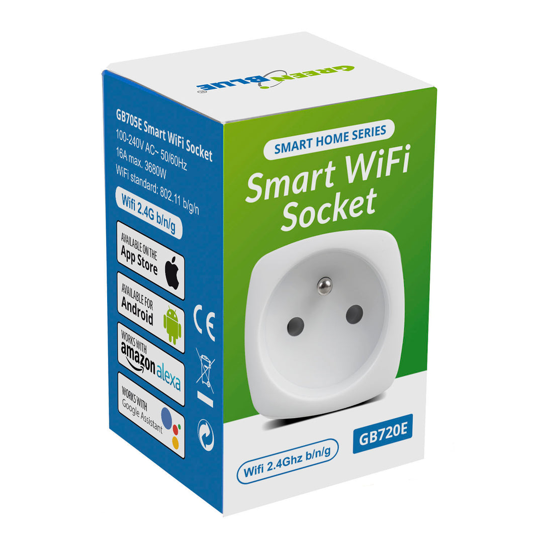 GreenBlue WiFi diaľkovo ovládaná zásuvka, Android/iOS/Alexa/Google Home, spotreba energie, časovač, max. Energetický, časovač, max. 3680W, typ E, GB720 E