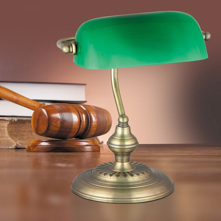 Kovová stolová lampa Rabalux Bank 4038 so zeleným skleneným tienidlom