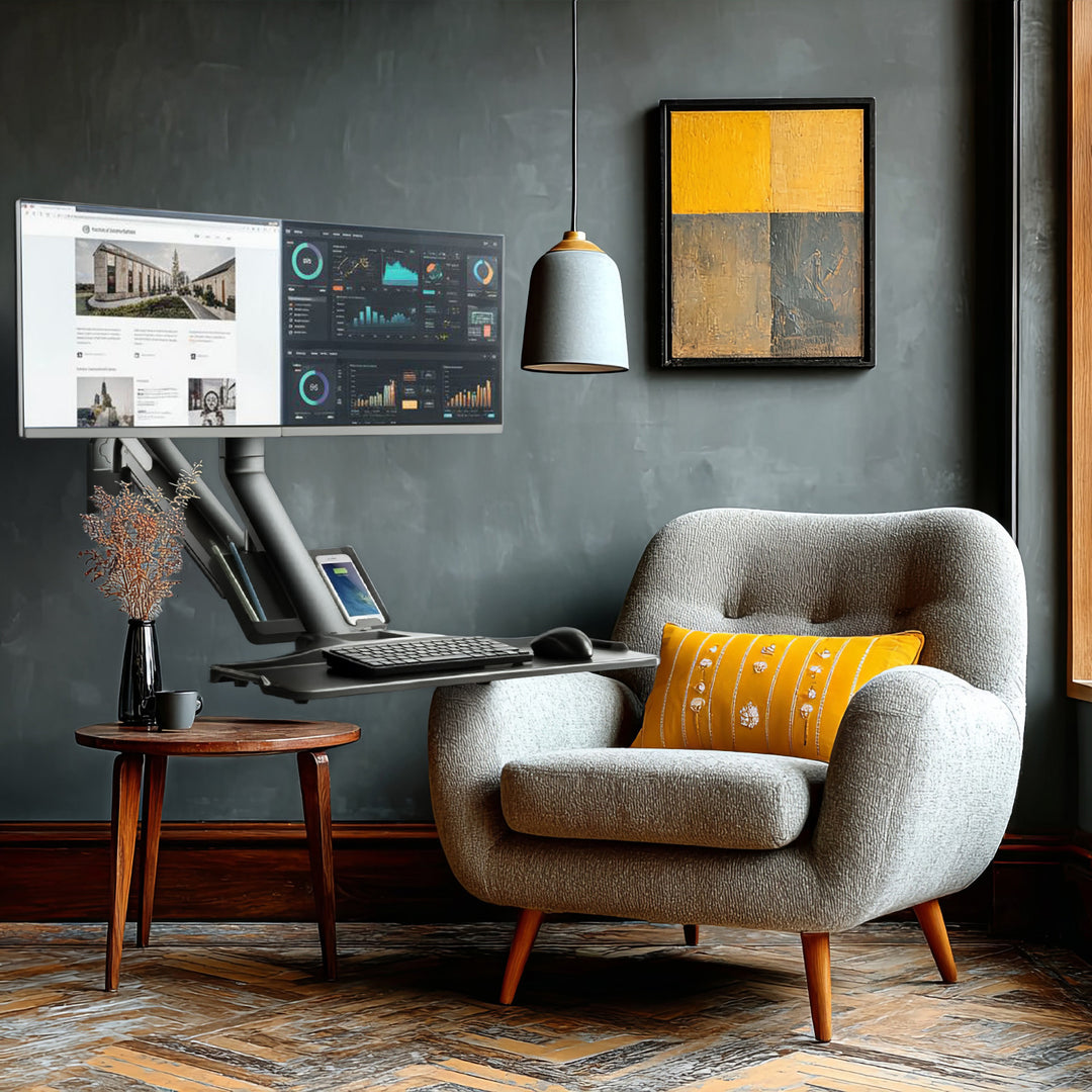 Nástenný držiak Maclean pre dva monitory a klávesnicu, plynová pružina s držiakom počítača, pre monitory 17"~ 27", MC-633 na prácu v stoji