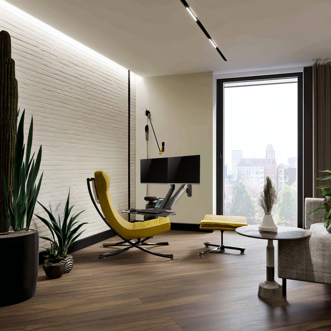 Nástenný držiak Maclean pre dva monitory a klávesnicu, plynová pružina s držiakom počítača, pre monitory 17"~ 27", MC-633 na prácu v stoji