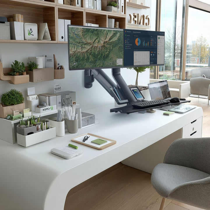 Nástenný držiak Maclean pre dva monitory a klávesnicu, plynová pružina s držiakom počítača, pre monitory 17"~ 27", MC-633 na prácu v stoji