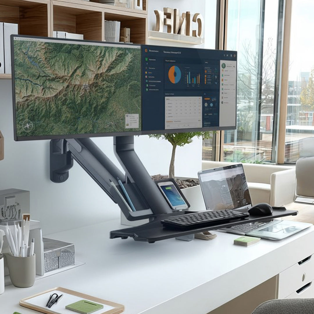 Nástenný držiak Maclean pre dva monitory a klávesnicu, plynová pružina s držiakom počítača, pre monitory 17"~ 27", MC-633 na prácu v stoji