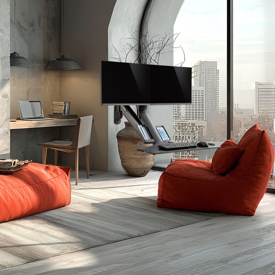 Nástenný držiak Maclean pre dva monitory a klávesnicu, plynová pružina s držiakom počítača, pre monitory 17"~ 27", MC-633 na prácu v stoji