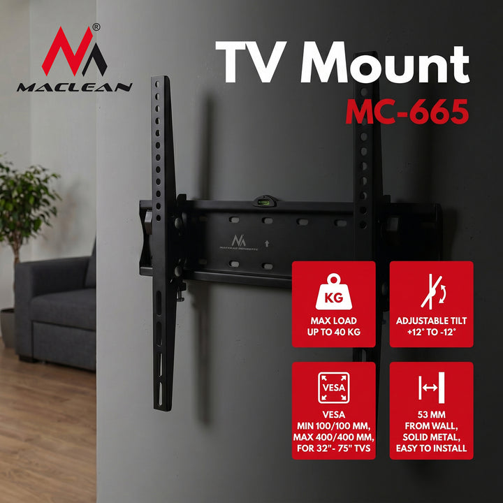 Držiak na TV Maclean, max. VESA 400x400, 32-75", do 40 kg, čierny, MC-665